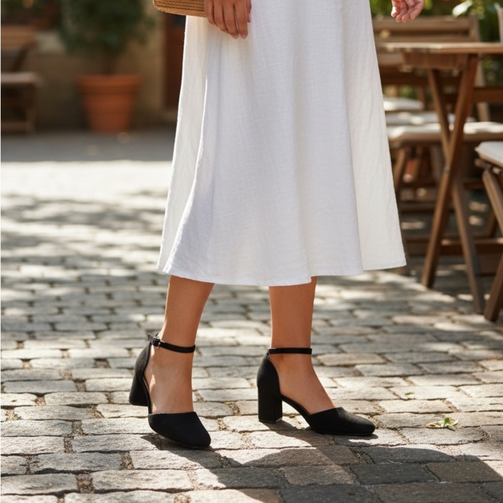 Greatonu Ladies Faux Suede Pumps, Block Heel, Rounded Toe, Strap Closure